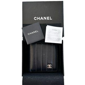 Authentic CHANEL Black Smooth Lambskin Leather White Pin Stripe Bifold Wallet